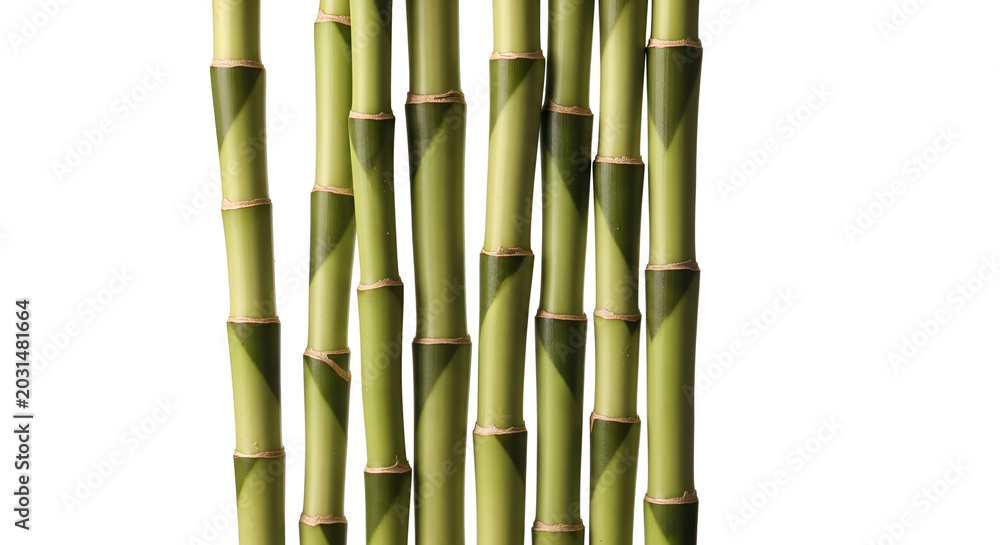 Fototapeta premium Close-up of vertical green bamboo stalks against a white background.