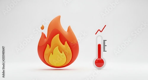 Fiery Flame Icon Next to a Thermometer Showing High Temperature.