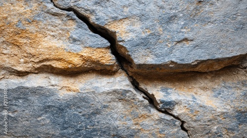 Natural stone surface displays significant vertical fissure with contrasting mineral deposits