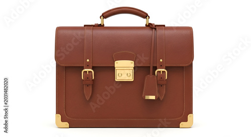 Classic Brown Leather Briefcase with Gold Hardware and Lock.