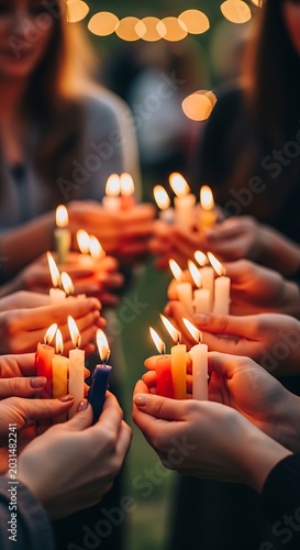 People holding lit candles together outdoors.