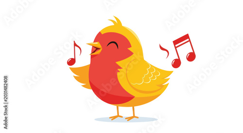 Tableau sur toile Happy cartoon bird singing with musical notes, illustration