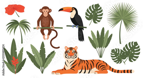 Canvas Print Jungle Animals and Tropical Plants: Monkey, Toucan, Tiger, Exotic Flowers