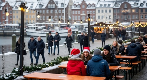 People Enjoying Christmas Market by the Harbor in Copenhagen.