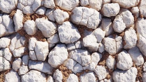 Irregularly shaped white stones are tightly packed together with coarse brown mortar filling the gaps.