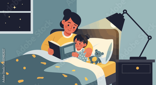Foto Mother reading bedtime story to daughter in cozy bedroom at night