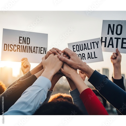 People holding signs for equality and against discrimination.