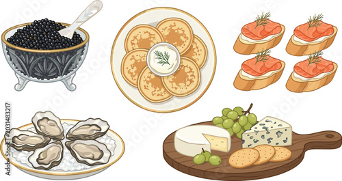 Tableau sur toile Luxury Gourmet Appetizer Set With Caviar Blini Salmon Bruschetta Oysters and Che