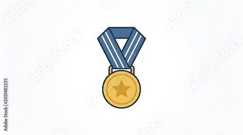 A flat of a gold medal with a blue striped ribbon, isolated on white background, star
