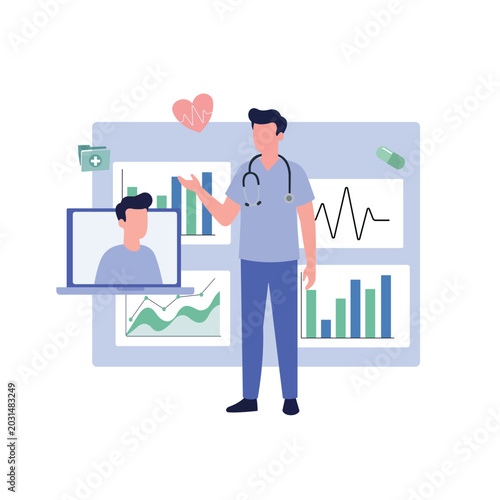 Online Medical Consultation with Digital Health Dashboard Vector Illustration for Telemedicine and Remote Healthcare