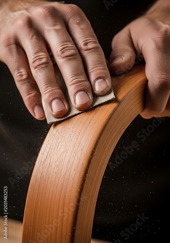 Woodworker's hands sanding a piece of curved wooden furniture with sandpaper