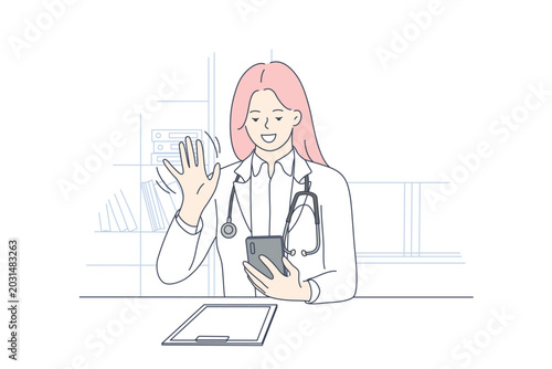 Telemedicine Online Doctor Vector Illustration with Female Physician Using Smartphone for Digital Healthcare Consultation