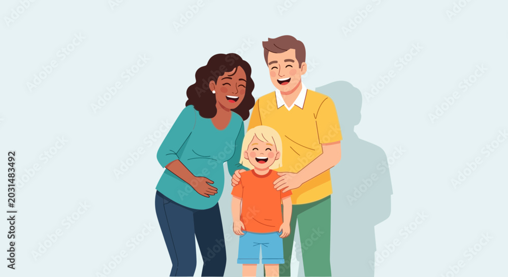 Fototapeta premium Happy diverse family expecting new baby, parents and child laughing together