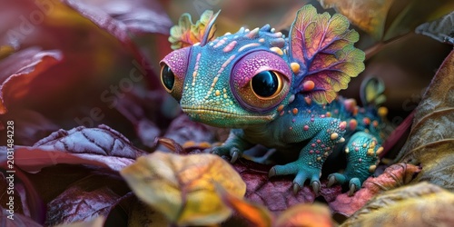 A whimsical, brightly colored fantasy creature with large, expressive eyes and unique feathery head adornments sits nestled amongst fallen autumn leaves, creating an enchanting, mystical scene.
