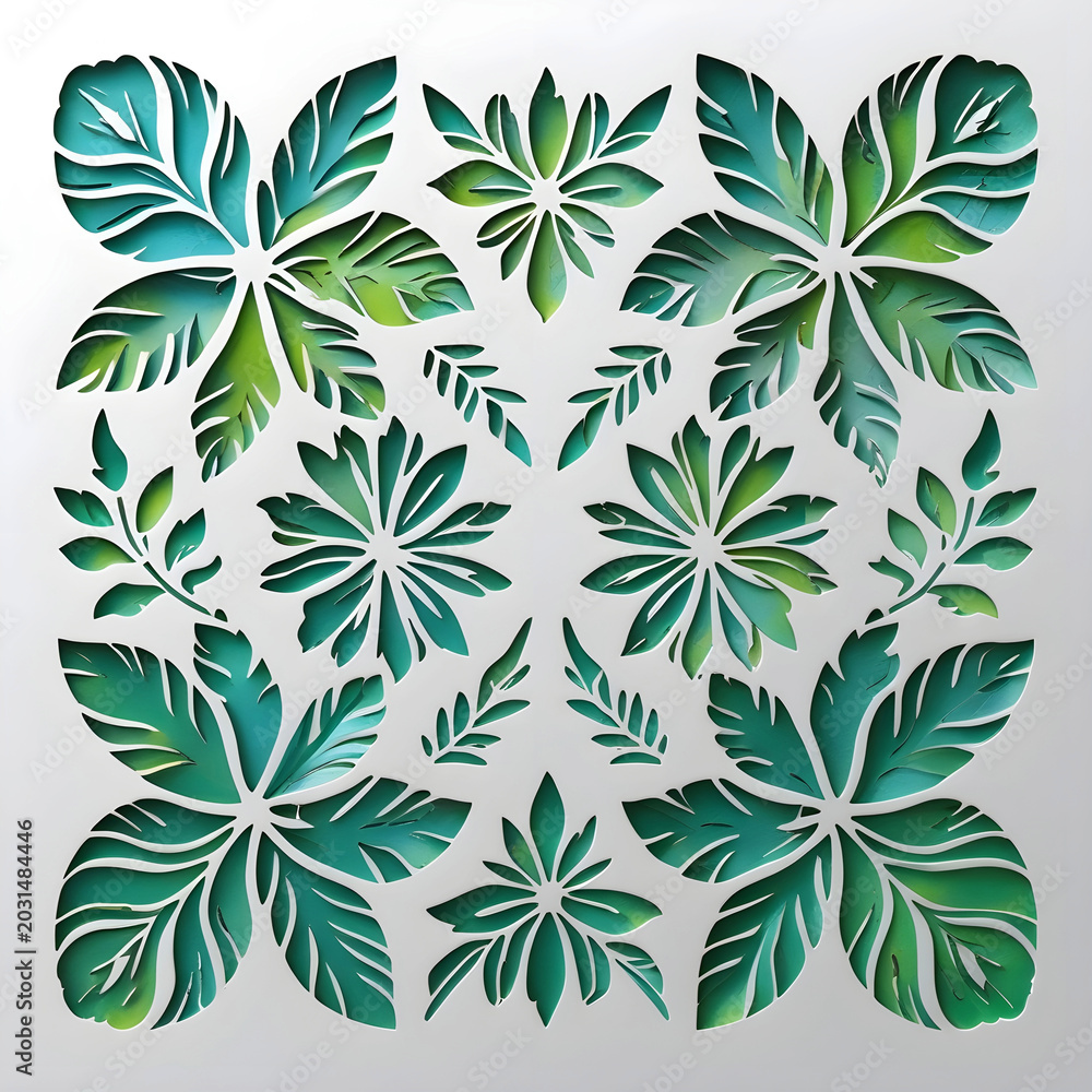 Fototapeta premium Symmetrical 3D paper cut tropical green leaves pattern, layered papercraft monstera and palm foliage background, elegant botanical paper art design texture