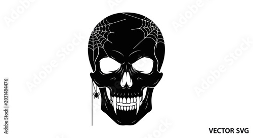 Tableau sur toile Scary Black Skull with Cobwebs and Spider - Halloween Vector Graphic