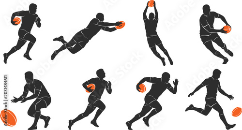 Rugby Player Silhouette Collection with American Football Action Poses for Sports Fitness and Athletic Graphic Design Projects