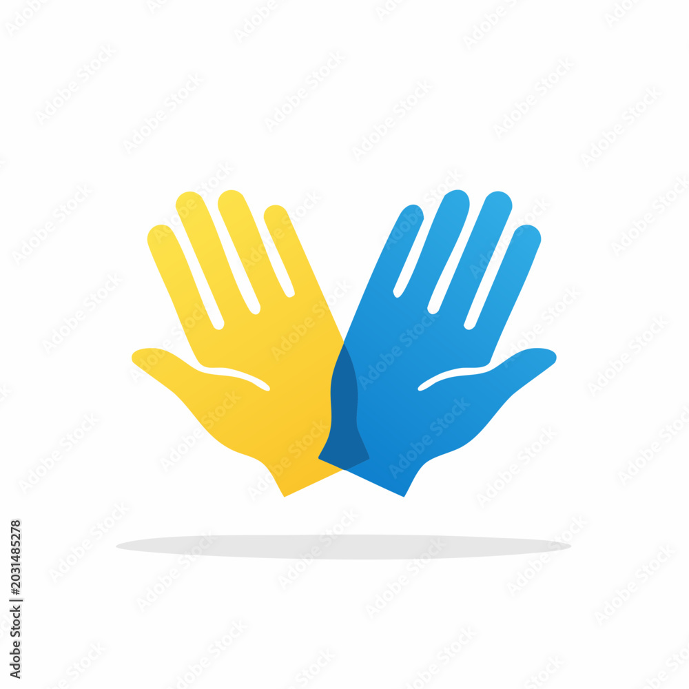 Obraz premium Two Hands, Yellow and Blue, Symbolizing Unity and Support