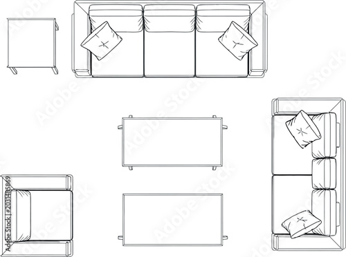 View line of living room furniture set floor plan