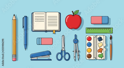 Schilderij op canvas School Supplies Flat Lay: Apple, Pencil, Eraser, Ruler, Paint, Scissors, Noteboo