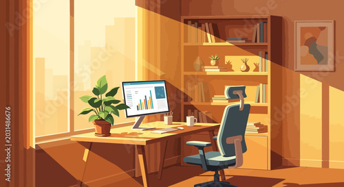 Φωτογραφία Sunlit Home Office Desk with Computer, Plant, and Bookshelf - Warm Morning Light