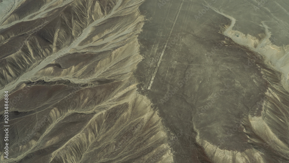 Fototapeta premium Desert, aerial view of the Nazca lines. There is a giant hummingbird geoglyph on a sandy plateau. Peru.