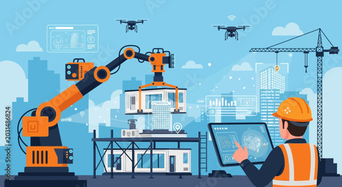Smart construction site with robotic arm, drones, and engineer using tablet