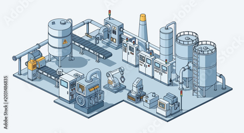 Isometric Factory Industrial Production Line with Robotic Arms and Conveyor Belts