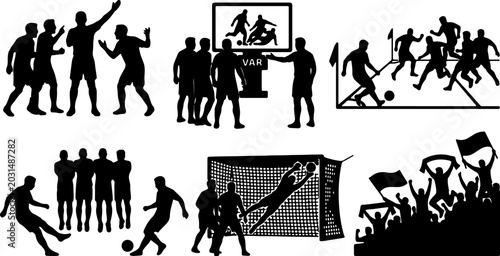 Tableau sur toile Set of black football soccer icons featuring referee arguing players var review