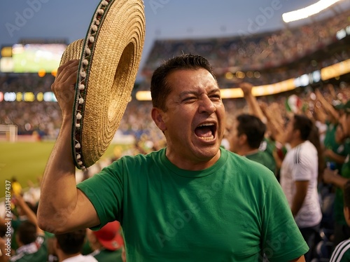 Ecstatic Mexican Football Fan Shouting and Holding Sombrero Hat Celebrating Victory in Stadium