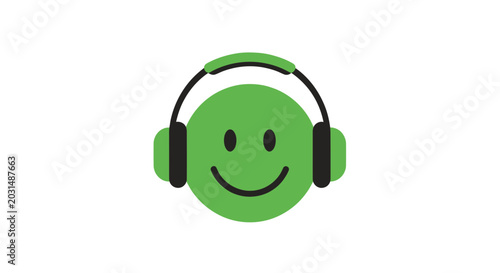 Obraz na płótnie Green smiley face with headphones, listening to music, isolated on white backgro