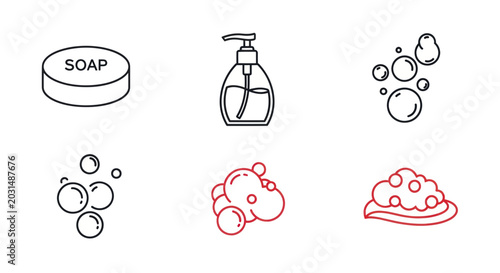 Φωτογραφία Hygiene Icons: Soap Bar, Liquid Soap Dispenser, Bubbles, and Foam