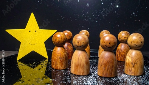 Six wooden figures encircle a radiant yellow star, reflections shimmering on black glass, symbolizing recognition, unity, and the brilliance of achievement shining at the center.
