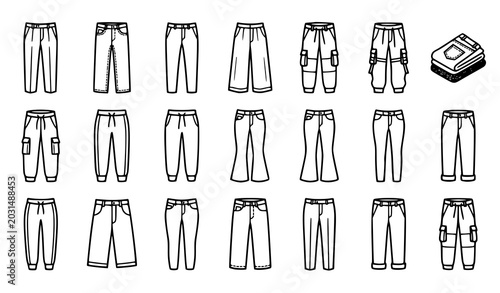 Fotografi Black and white pants outline icon collection with stylish clothing and belt vec