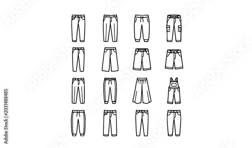Quadro su tela Minimal pants line icon vector set with modern trousers and belt clothing illust