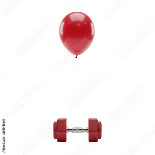 A crimson latex balloon floats above a red dumbbell on a white studio floor connected by a thin string, creating a whimsical paradox of weight and lightness