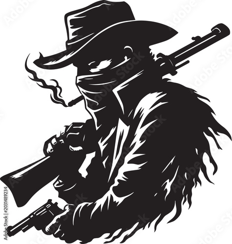 Konstfotografi Vintage cowboy outlaw vector illustration, masked bandit with rifle and revolver