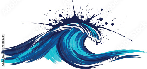 Blue ocean wave with ink splatter and brush strokes