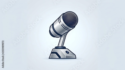 Silver studio microphone on a metallic stand with a clean light blue background, for podcasting audio