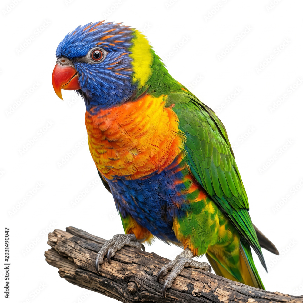 Naklejka premium Rainbow lorikeet rests on a wooden branch while showing its brilliant multicolored plumage against a clean white backdrop.