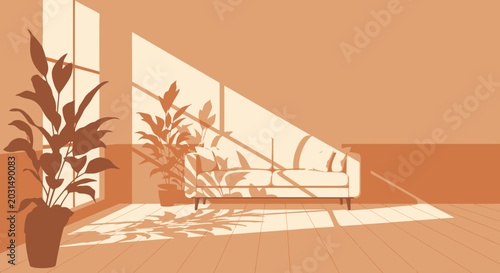 Schilderij op canvas Sunlight streaming into modern living room with sofa and potted plants, cast sha