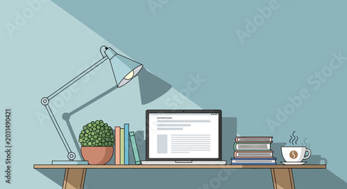 Obraz na płótnie Workspace illustration: Desk with laptop, lamp, books, and coffee, clean design