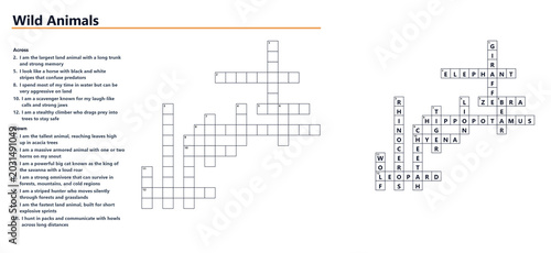 Canvas Print Vocabulary Crossword Game – Wild Animals Printable Word Puzzle for Kids