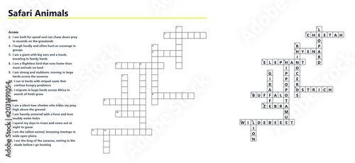 Vocabulary Crossword Game – Safari Animals Printable Word Puzzle for Kids