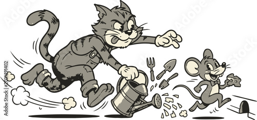 Εκτύπωση καμβά Cartoon cat chasing scared mouse in dynamic running pose line art illustration