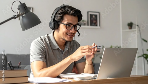 Young man working from home office.