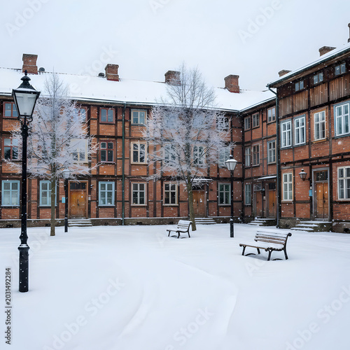 Old residential buildings with worn wooden doors and faded brick facades
