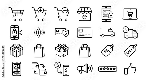 Canvas Print Modern e commerce and delivery outline vector icon set
