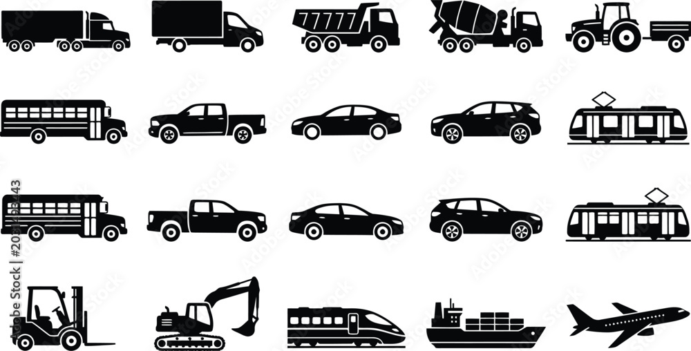 Obraz premium Collection of black silhouette of various vehicles and transportation modes truck tractor tram