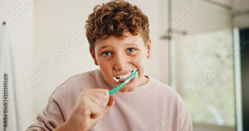 Bild auf Leinwand Toothbrush, dental health and portrait of kid in bathroom for development, growth or hygiene in home